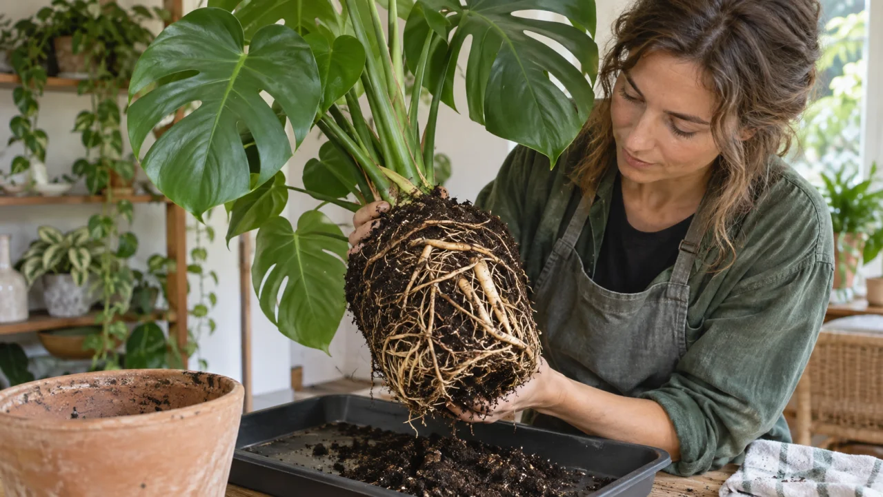 Monstera tas ur krukan för att undersöka rötterna efter tecken på rotröta