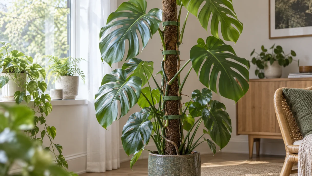 Monstera deliciosa ledd upp på en mosspåle med luftrötter som fäster vid stödet