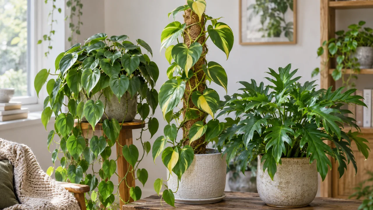 Flera filodendronsorter, bland annat hjärtbladig filodendron, Xanadu och Brasil, placerade inomhus på hyllor och vid klätterstöd