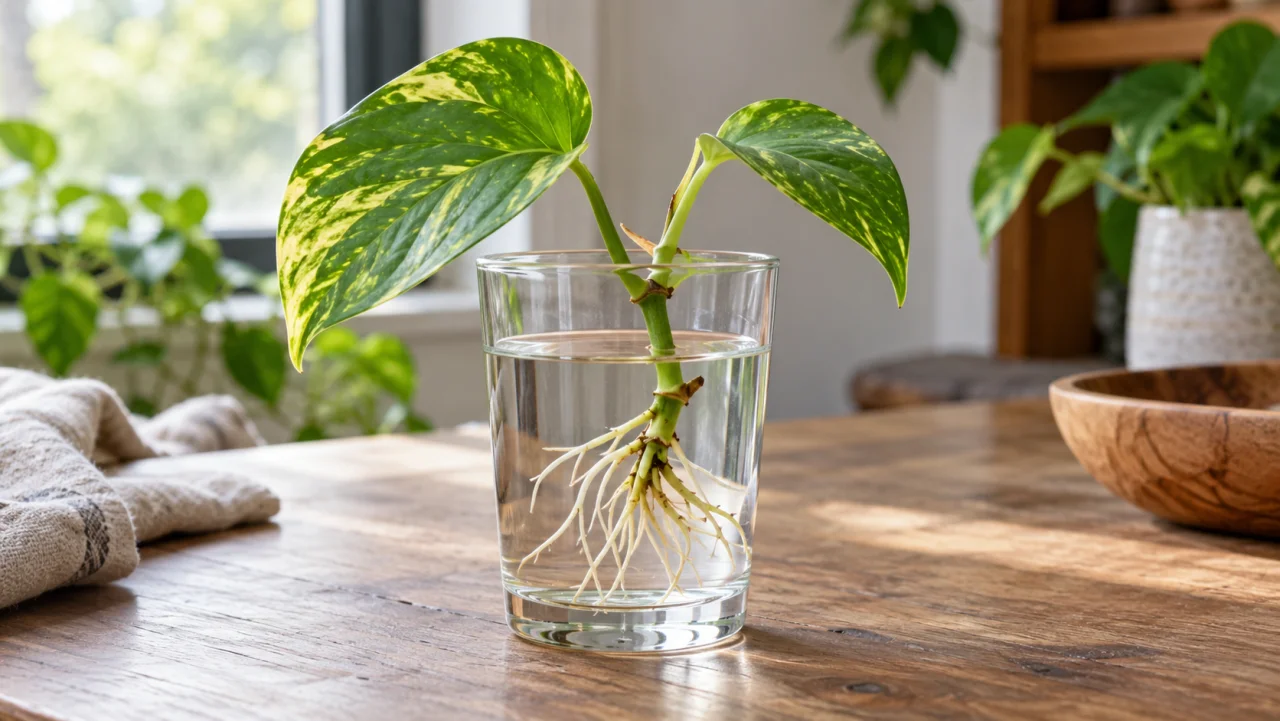 Stamstickling av gullranka med vita rötter som växer i ett glas vatten