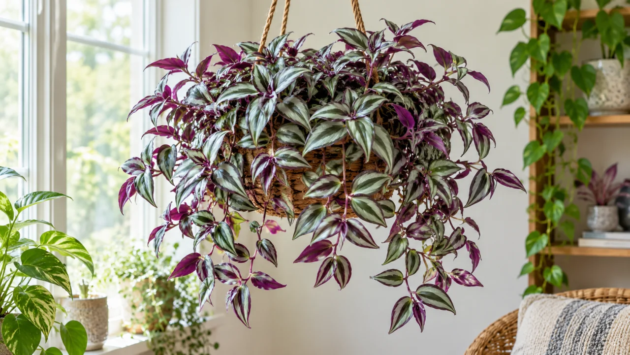 Tradescantia med lila- och silverrandiga blad som hänger ner från en ampel