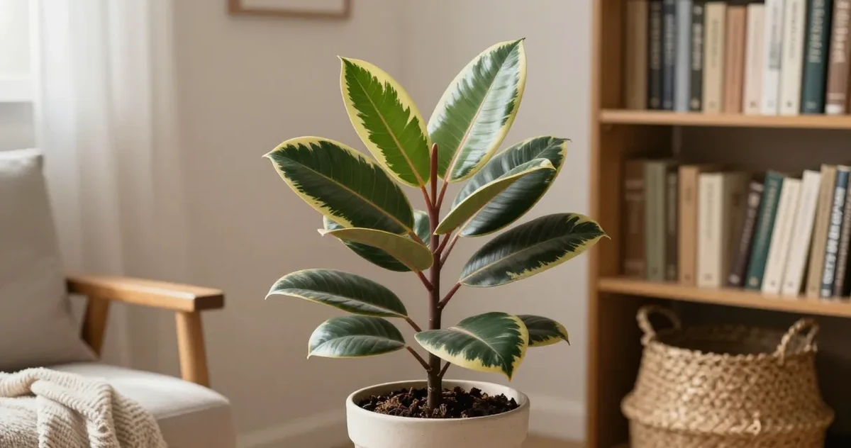 Variegated rubber plant with cream and green patterned leaves in bright indoor light