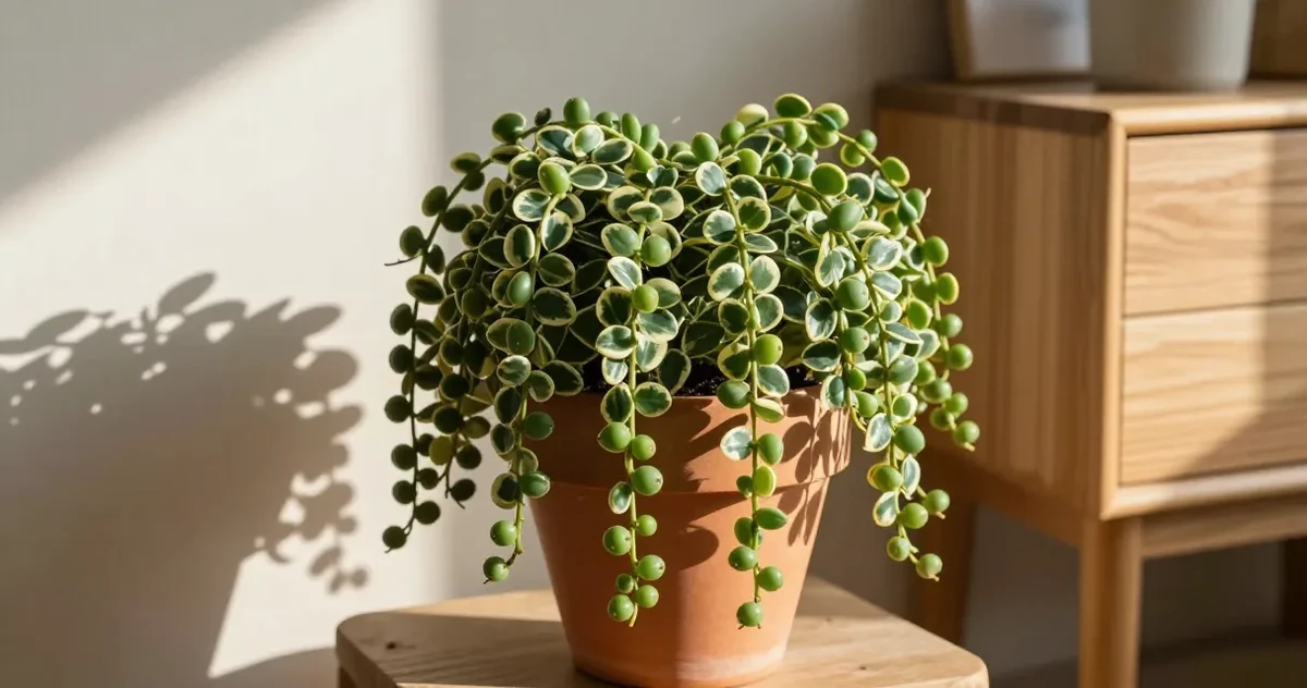 Variegated string of pearls trailing over a terracotta pot with cream and green patterned pearls