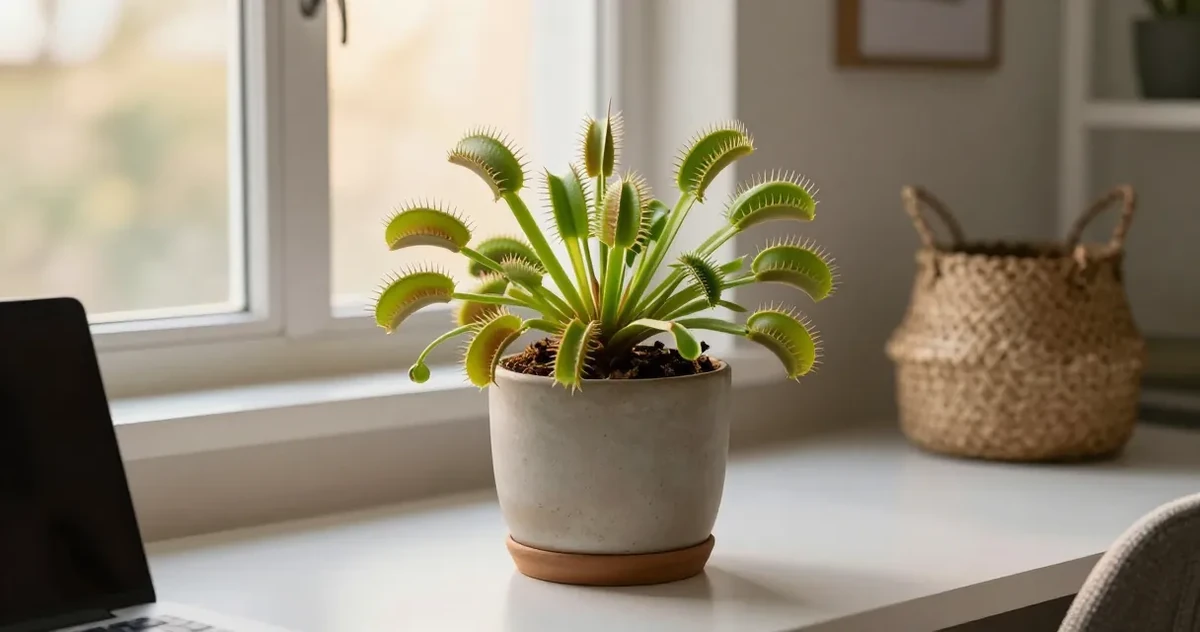 Venus flytrap plant in a white pot with open traps