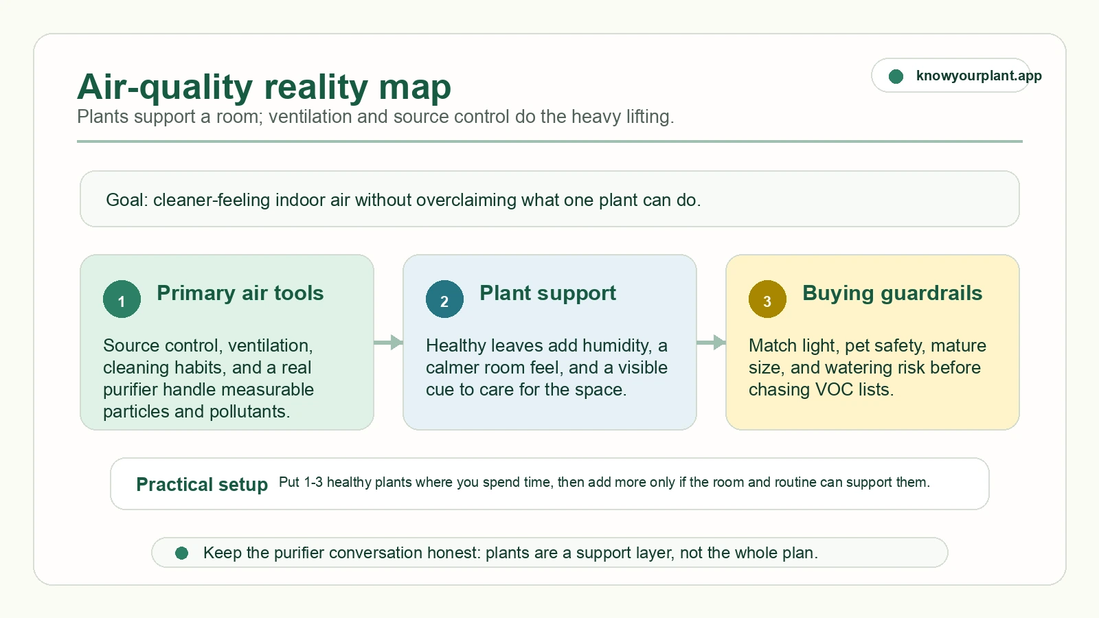 Air-quality reality map showing source control, ventilation, air purifiers, and plants as support layers