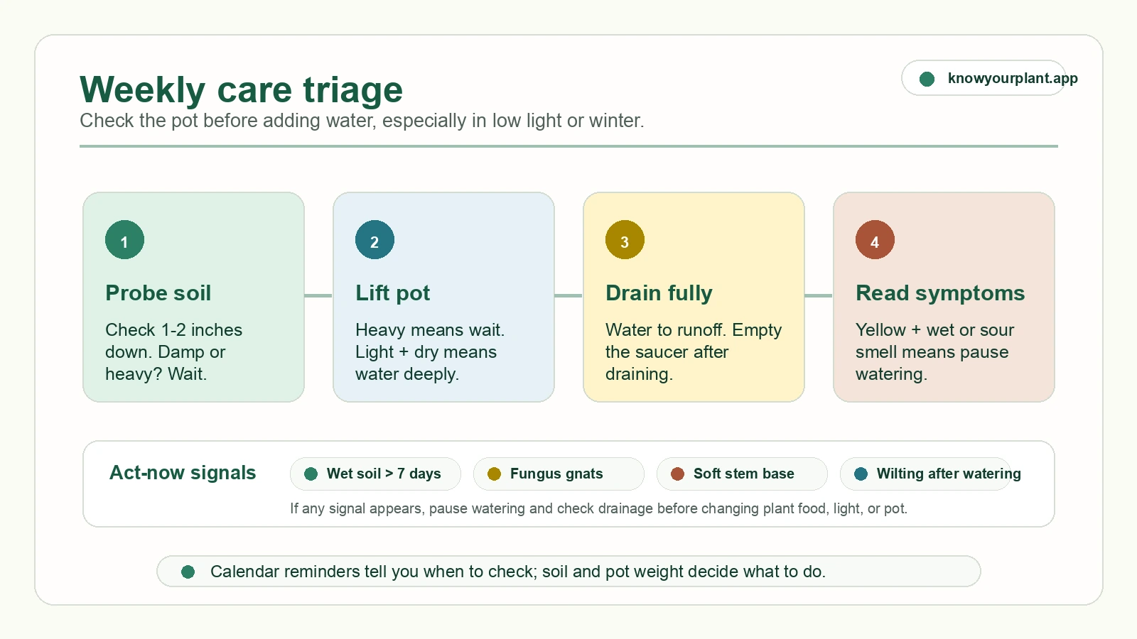 Weekly care triage for air-purifying indoor plants using soil depth, pot weight, drainage, and symptoms