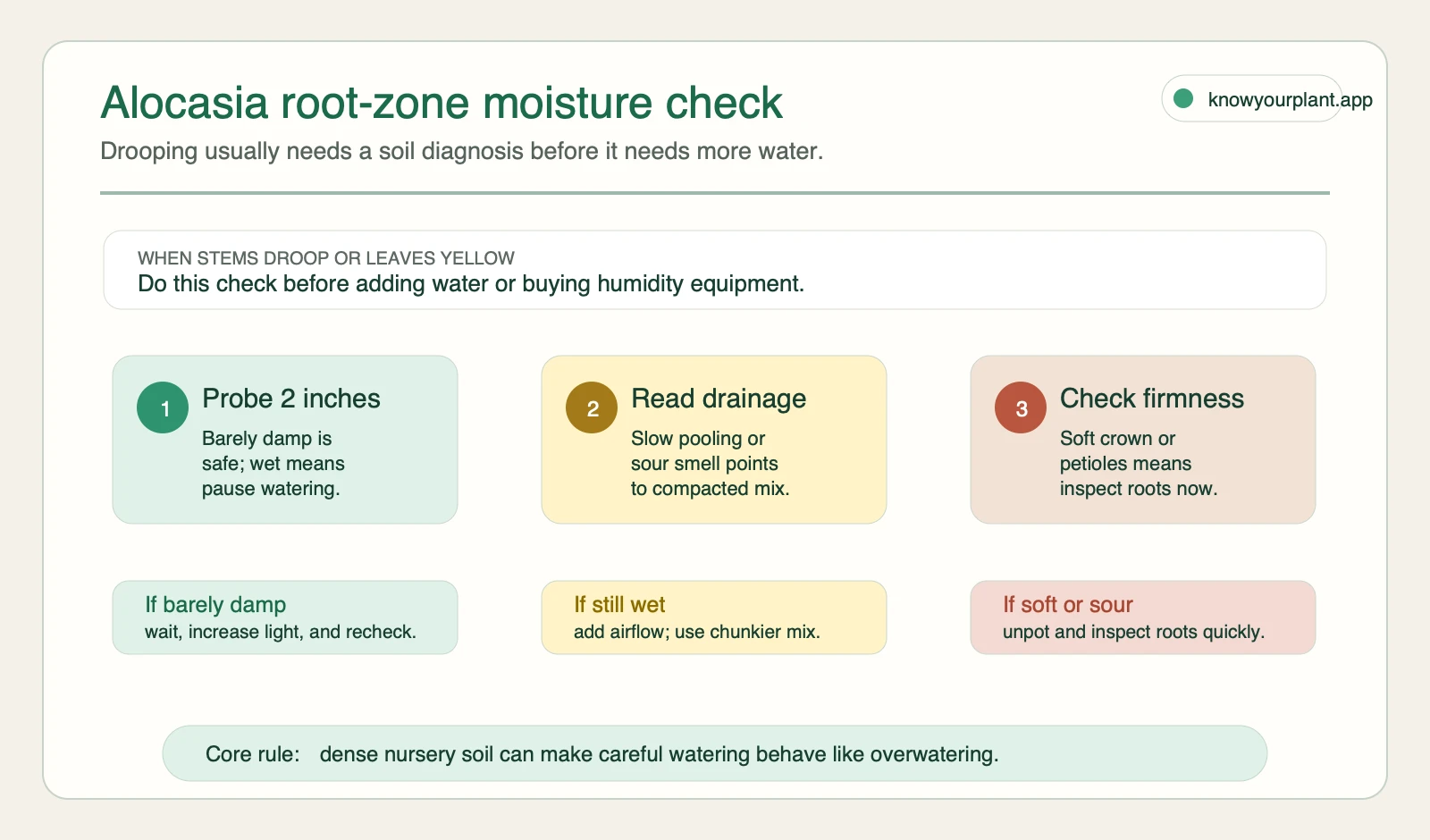 Alocasia root-zone moisture check Alocasia root-zone moisture check showing probe drainage and firmness steps before watering