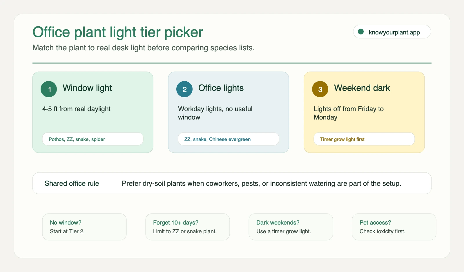 Office plant light tier picker showing window light fluorescent only and weekend dark desks