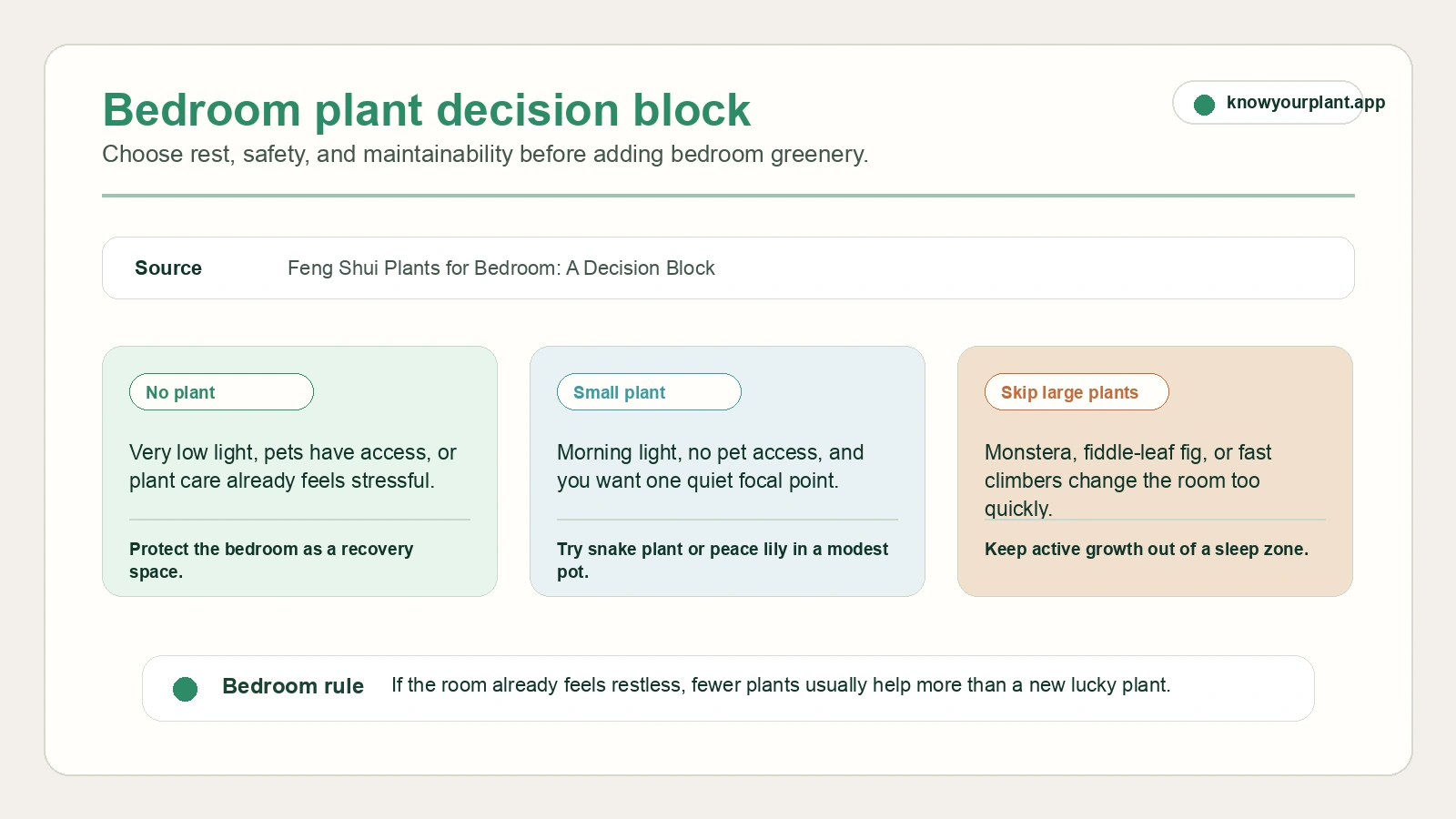 Bedroom plant decision block showing when to choose no plant one small plant or skip large fast growers