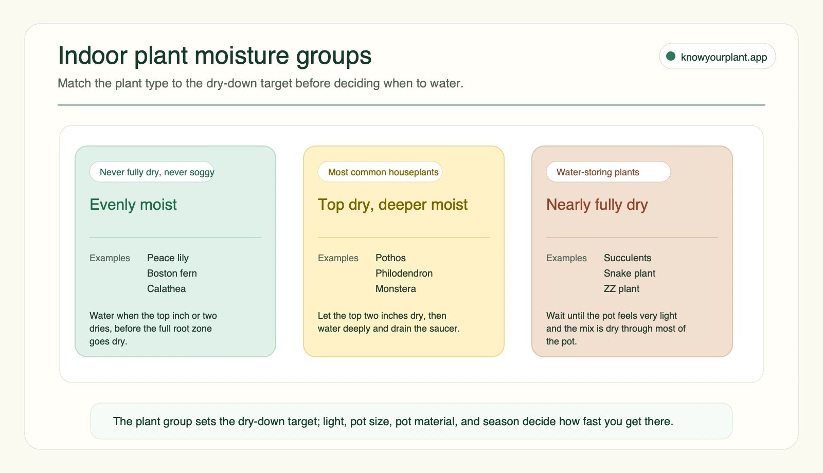 Indoor plant moisture groups Indoor plant moisture groups comparing evenly moist top dry deeper moist and nearly fully dry watering targets