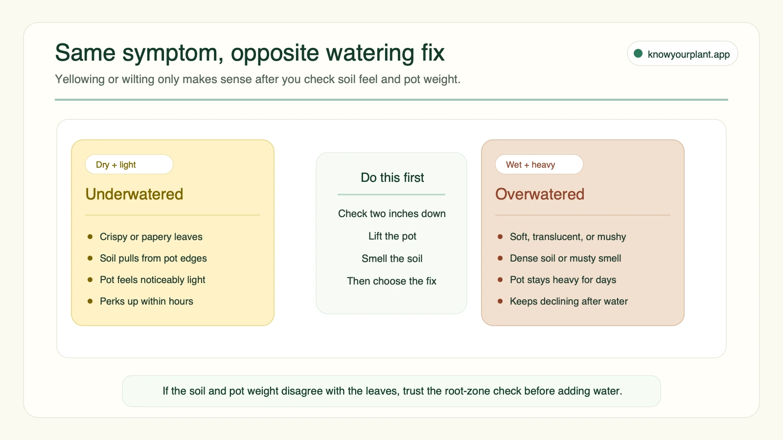 Watering symptom and soil triage Watering symptom triage comparing underwatered and overwatered plants by soil feel pot weight and leaf texture