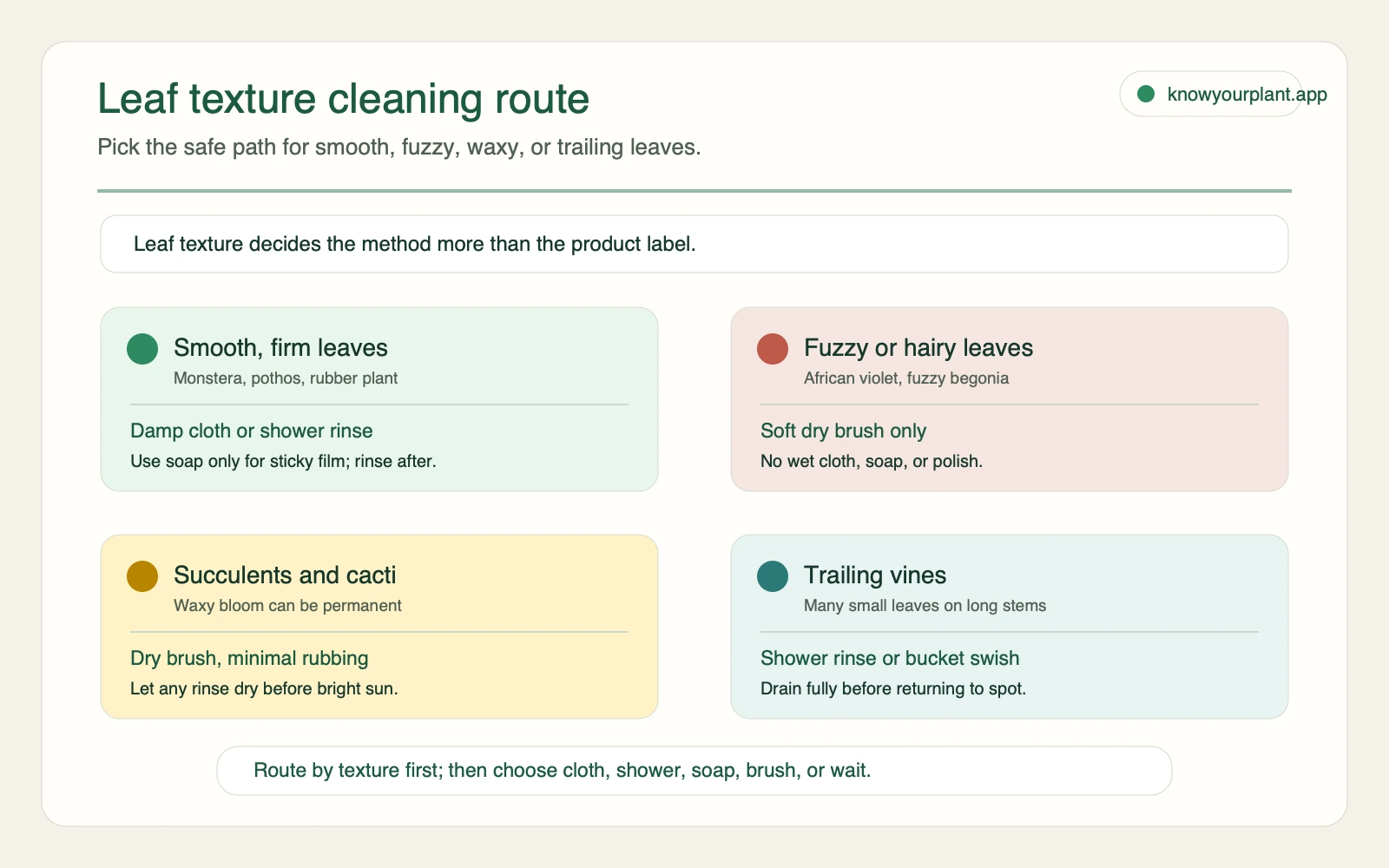 Leaf texture cleaning route Leaf texture cleaning route for smooth fuzzy succulent and trailing plants showing safe cloth shower brush and wait choices