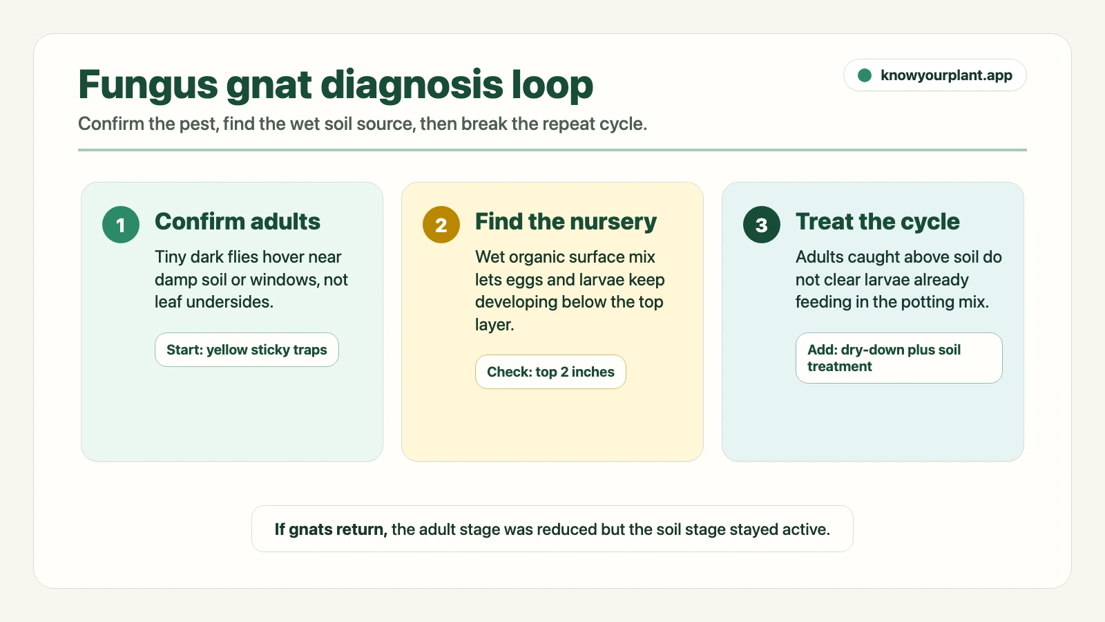 Fungus gnat diagnosis loop Fungus gnat diagnosis loop showing adult flies, wet soil nursery, and soil-cycle treatment