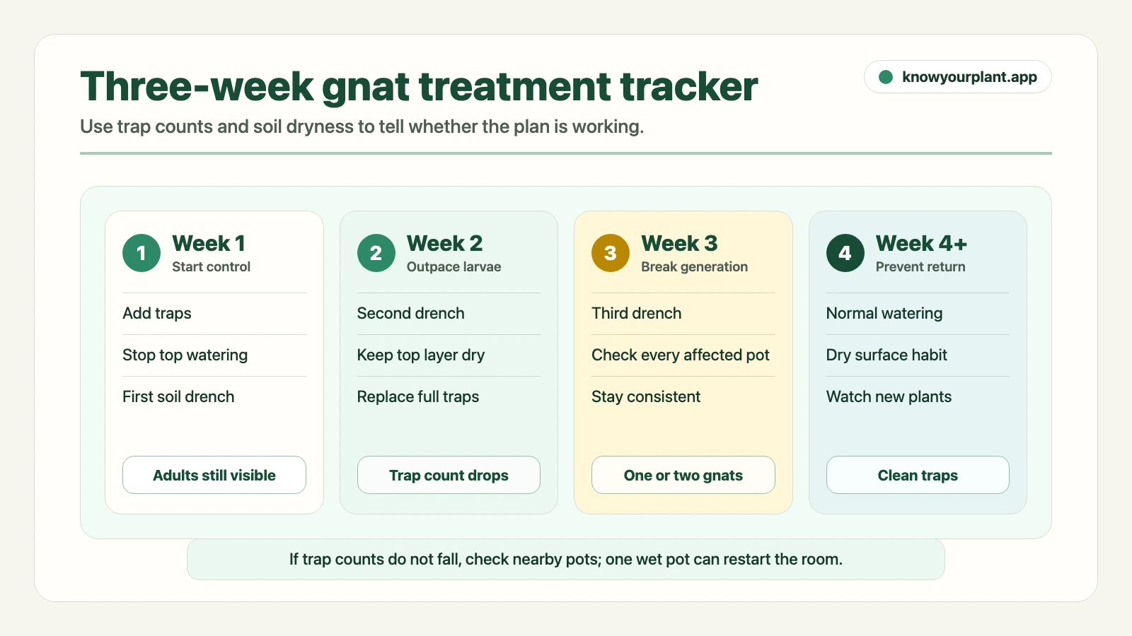 Three-week fungus gnat treatment tracker with trap counts, weekly drenches, dry soil surface, and prevention checks