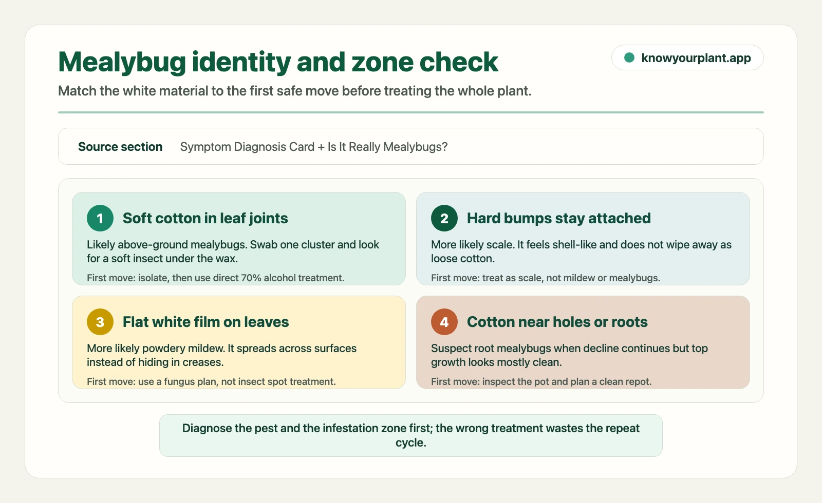 Mealybug identity and root-zone triage showing how cottony clusters, scale, mildew, and root mealybugs lead to different first moves