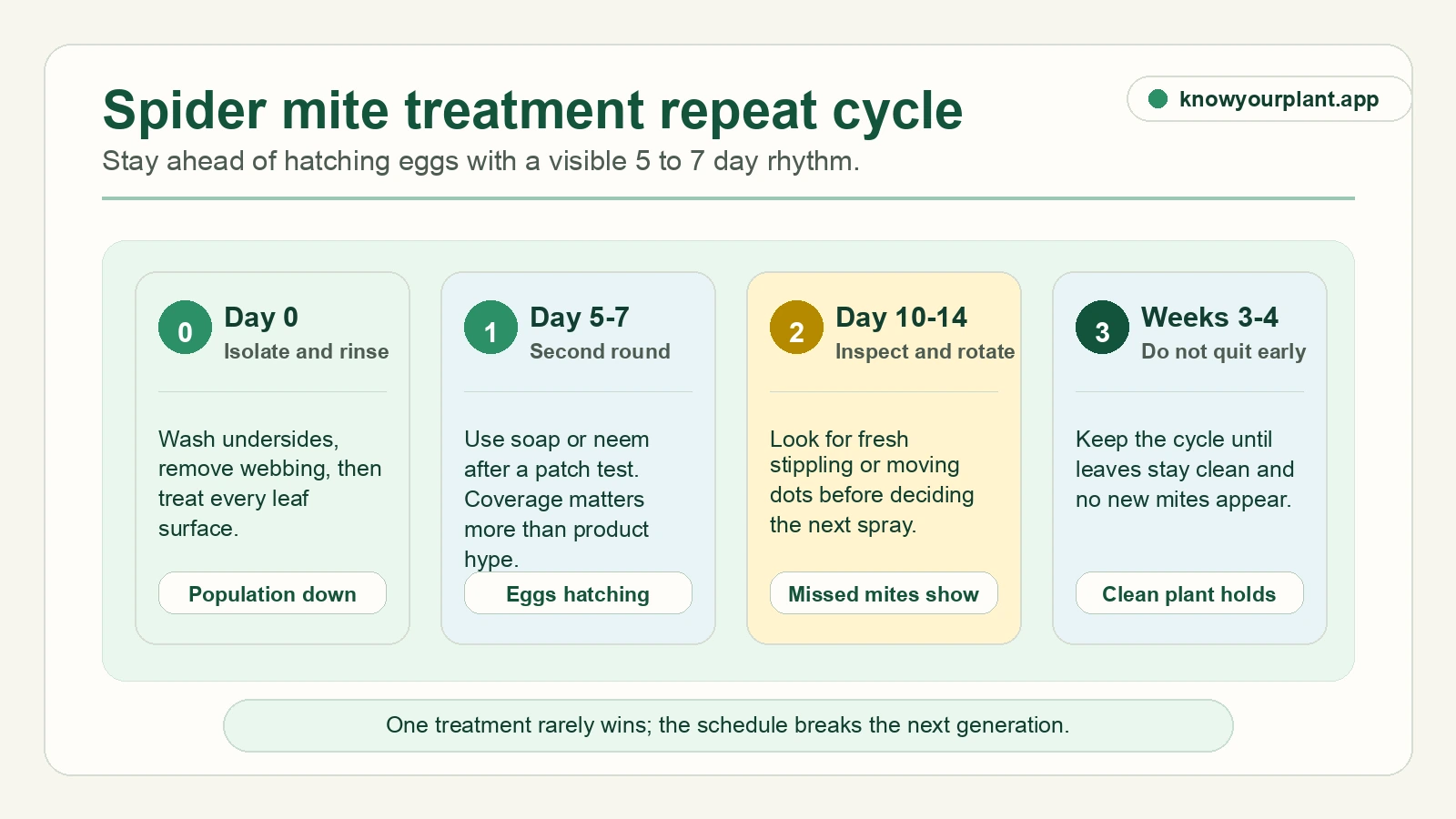 Spider mite treatment repeat cycle Spider mite treatment repeat cycle showing day zero isolation, 5 to 7 day sprays, inspection, and weeks three to four follow-through