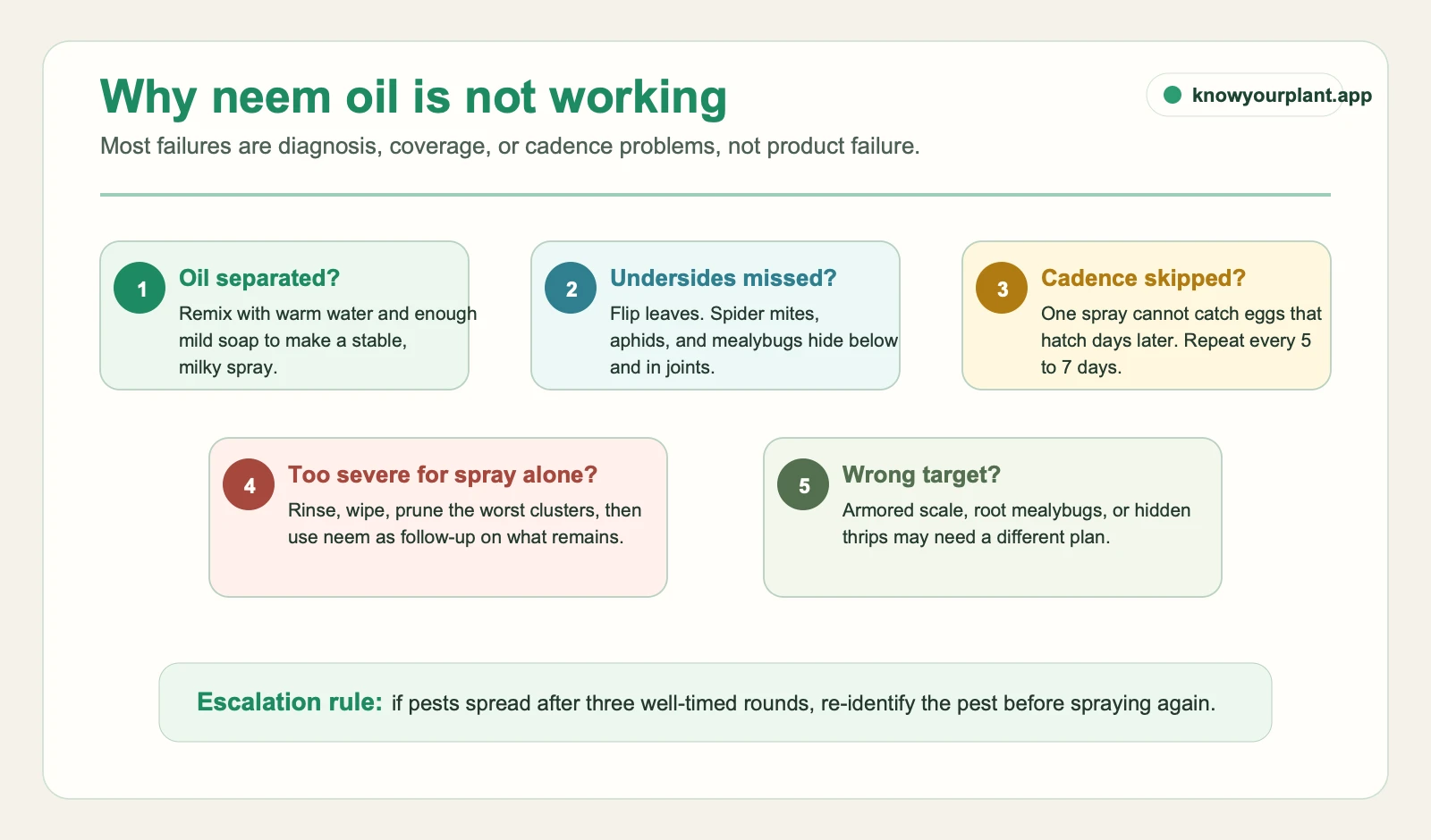 Neem oil troubleshooting card showing emulsifying, underside coverage, repeat cadence, severe infestation, and wrong-pest checks