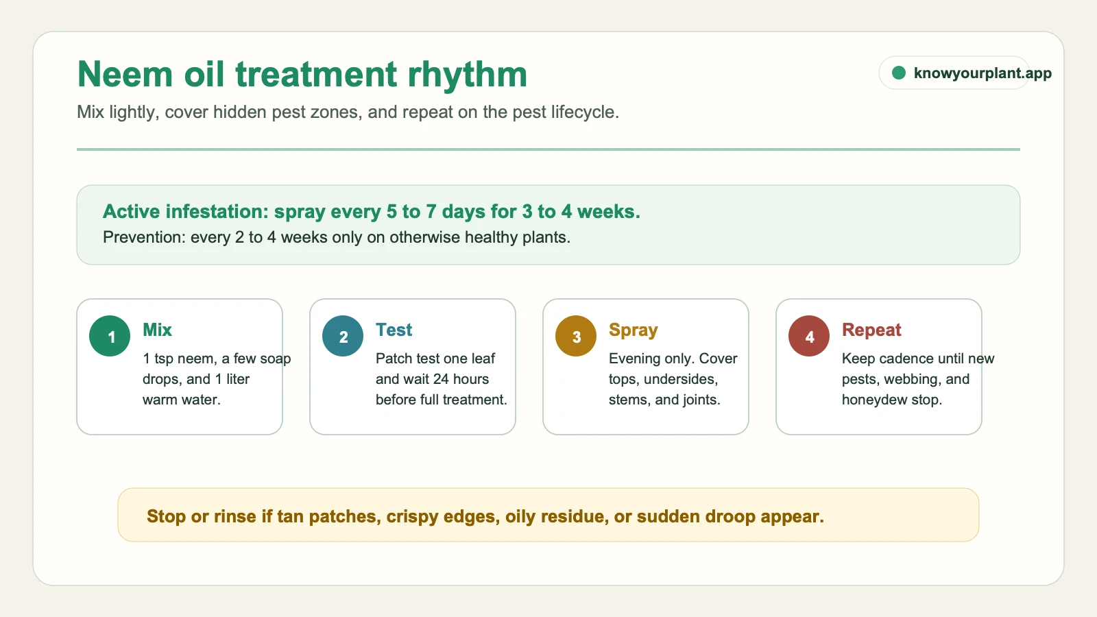 Neem oil treatment rhythm showing mix, patch test, evening spray, repeat cadence, and stop-or-rinse warning signs