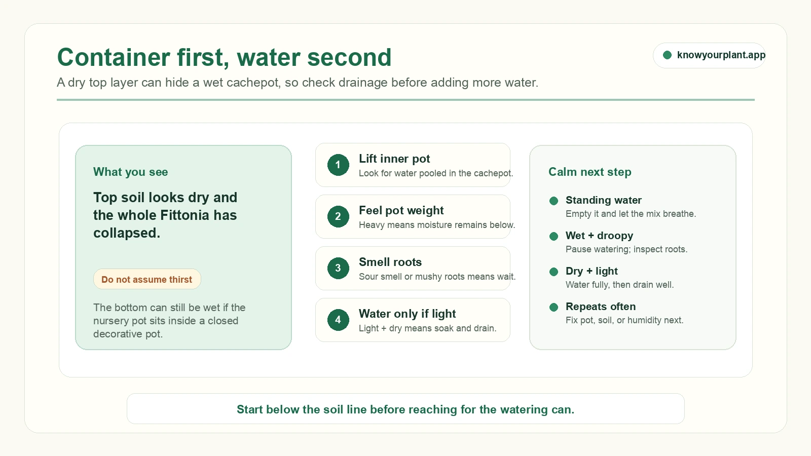 Container first, water second Container first wilt check for Fittonia showing dry top soil, cachepot water checks, and calm next steps