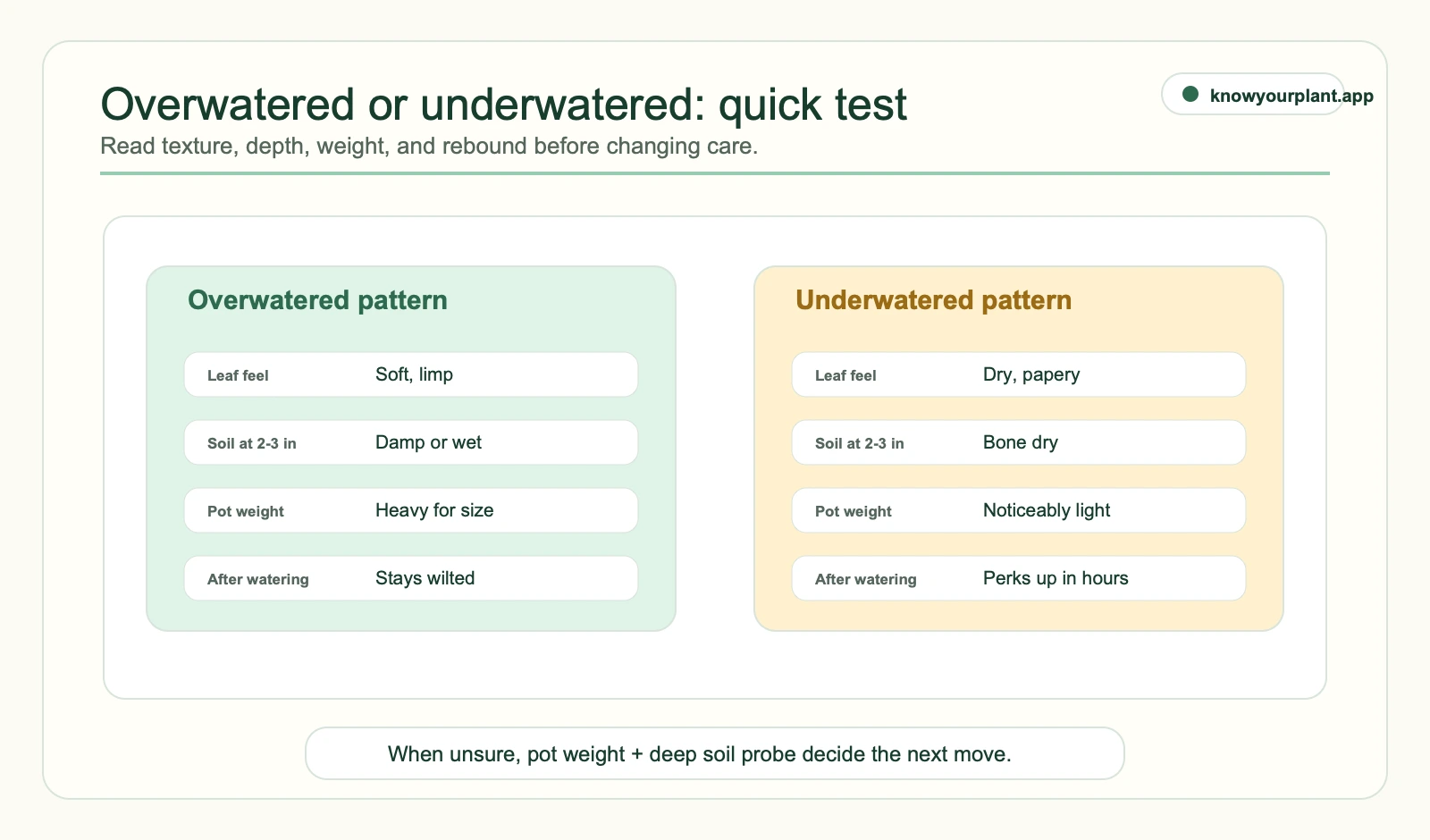 Overwatered or underwatered quick test comparing leaf feel, soil depth, pot weight, and rebound after watering