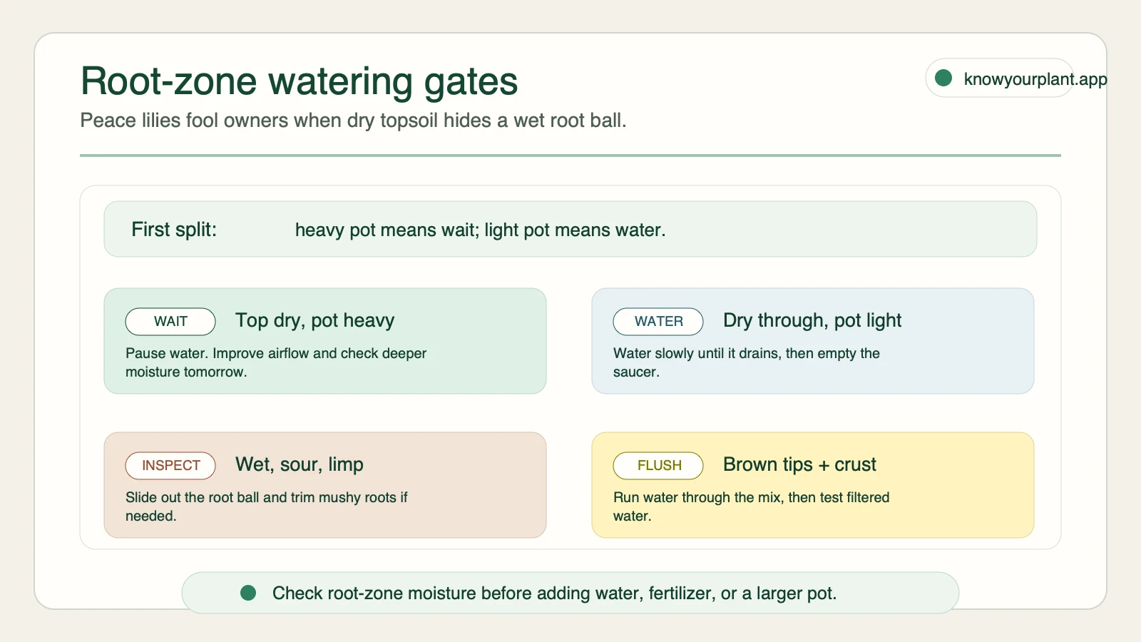 Root-zone watering gates Root-zone watering gates for peace lily yellow leaves showing when to wait, water, inspect, or flush
