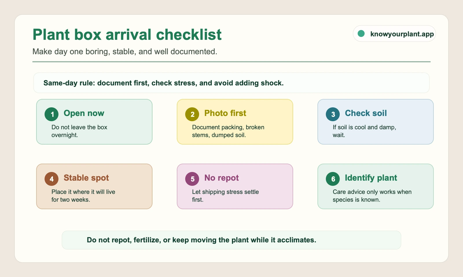 Plant box arrival stress checklist showing six first-day steps before watering or repotting