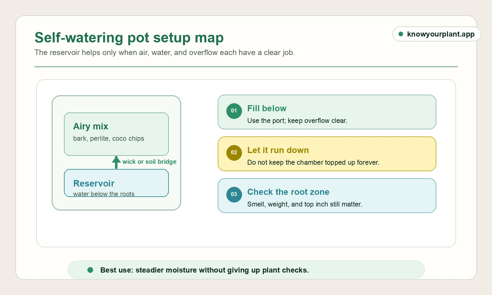 Self-watering pot setup map showing airy mix, reservoir, wick or soil bridge, overflow, refill rhythm, and root-zone checks