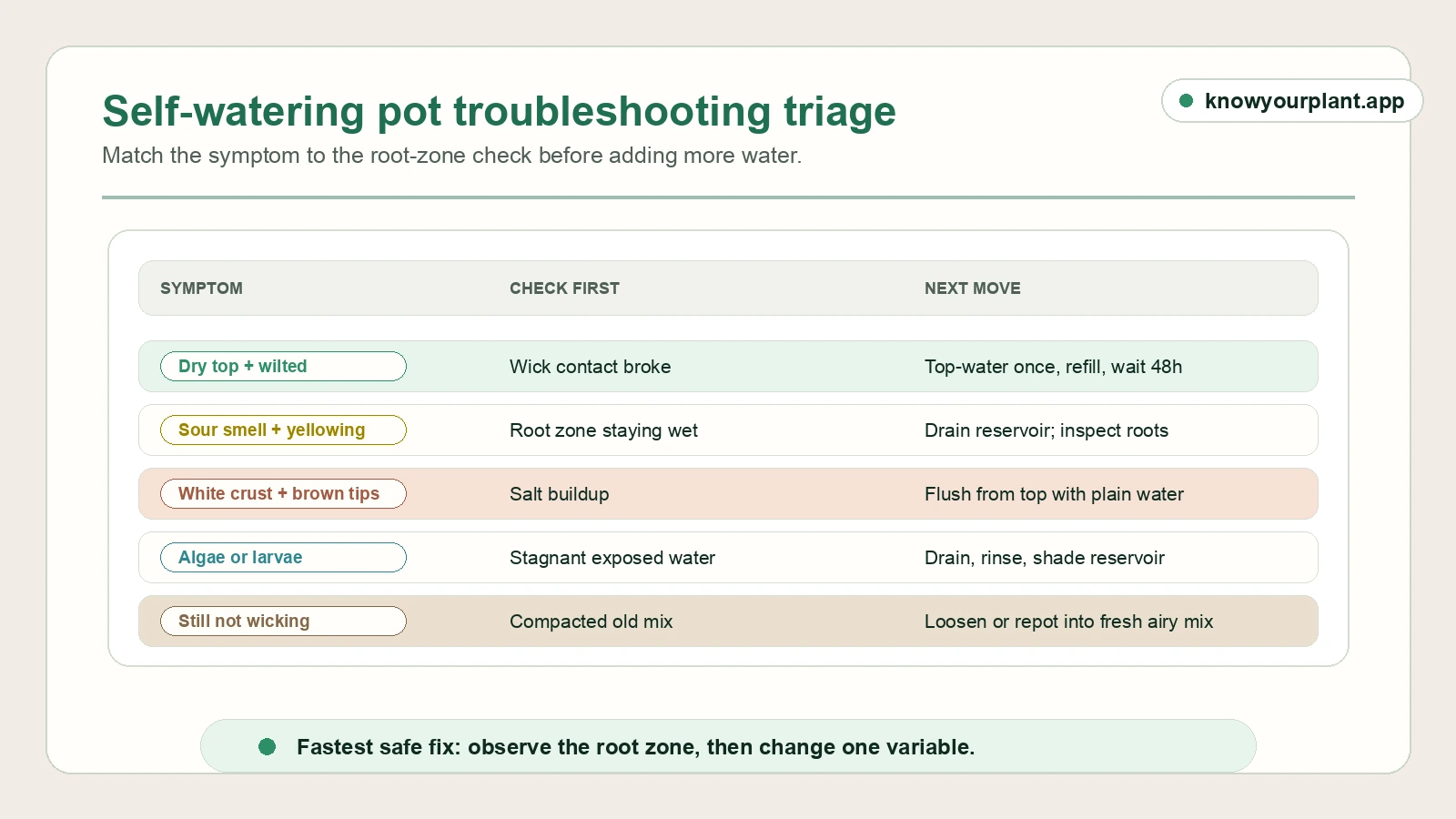 Self-watering pot troubleshooting triage matching dry top, sour smell, salt crust, algae, and weak wicking symptoms to root-zone checks and next moves