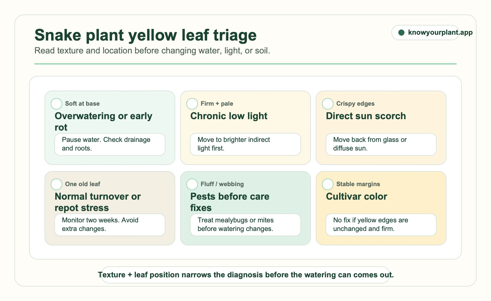 Snake plant yellow leaf triage Snake plant yellow leaf triage comparing mushy bases, firm pale leaves, scorch, old leaf turnover, pests, and cultivar color
