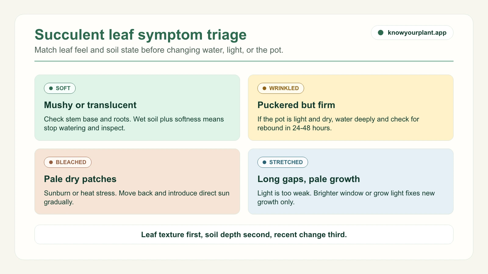 Succulent leaf symptom triage Succulent leaf symptom triage comparing soft leaves wrinkled leaves color changes and growth patterns