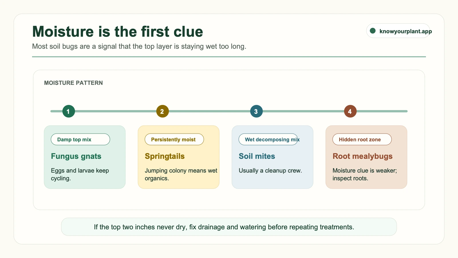 Moisture risk map for soil bugs Moisture risk map for tiny bugs in houseplant soil showing fungus gnats, springtails, soil mites, and root mealybugs against soil moisture conditions