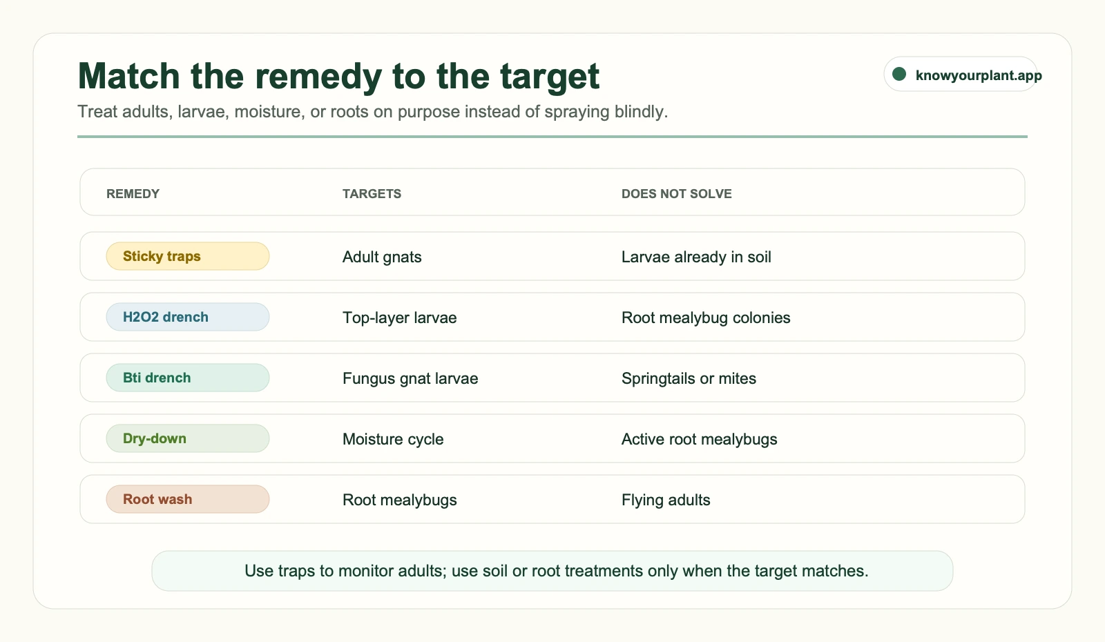 Treatment target map for soil bugs Treatment target map for soil bugs showing sticky traps, hydrogen peroxide, Bti, dry-down, and root washing with what each remedy targets and misses
