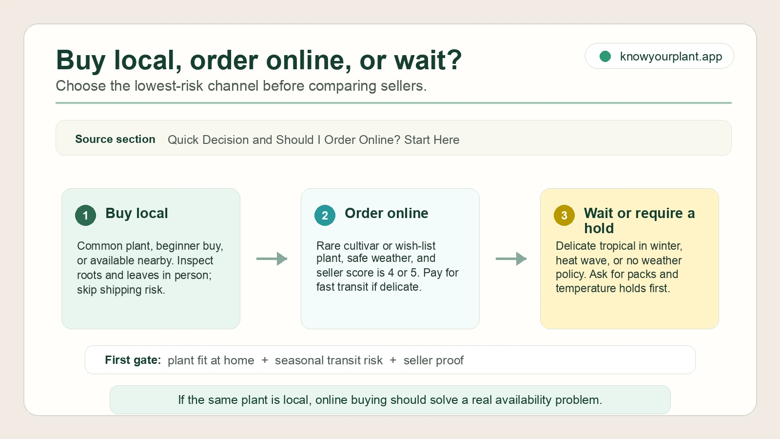 Buy local, order online, or wait? Decision map for whether to buy a plant locally, order online, or wait based on availability, season, and seller proof