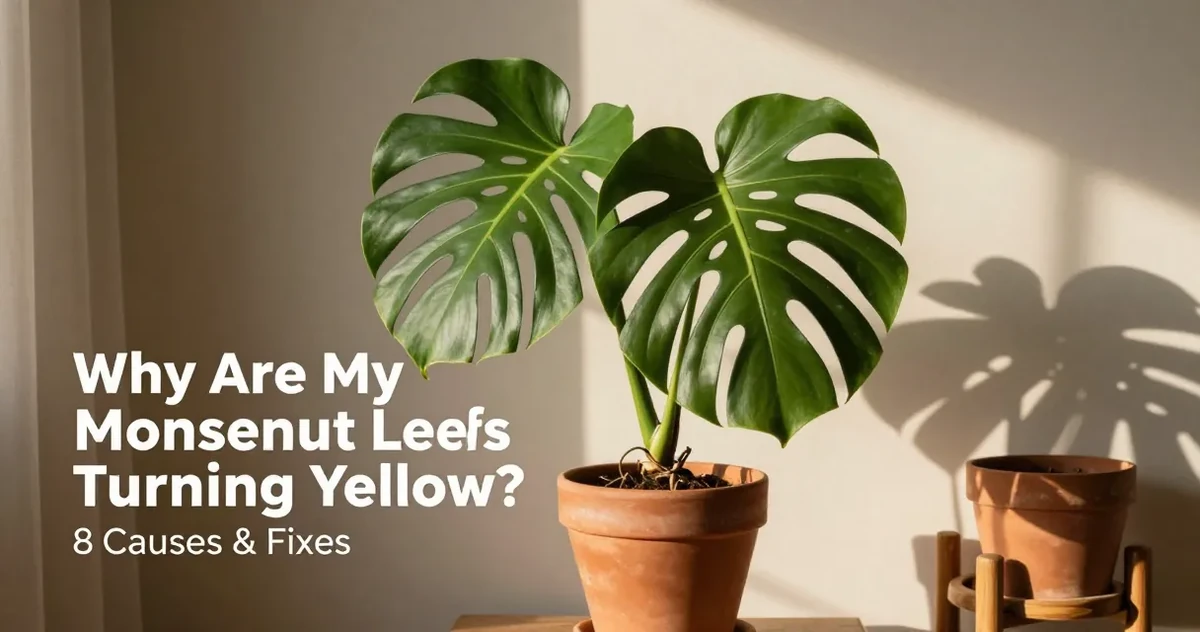 A monstera leaf turning yellow against a bright indoor background