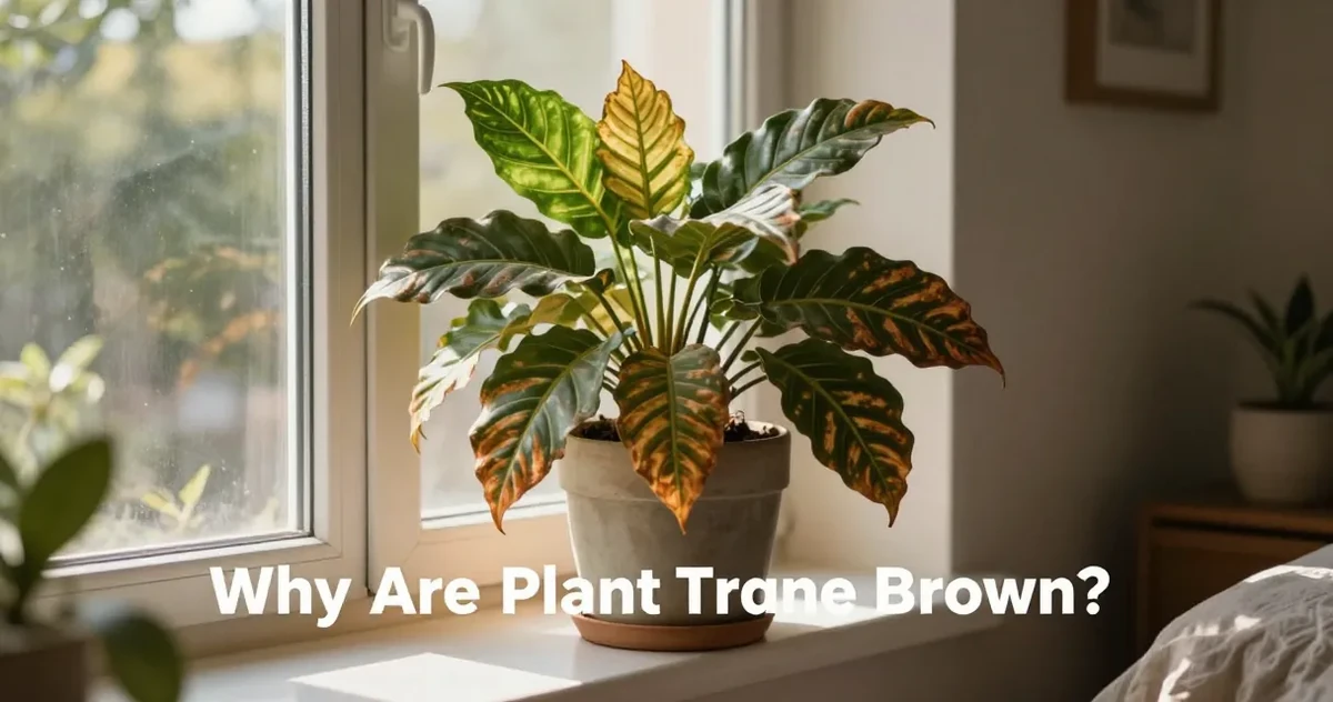 Houseplant with brown leaf tips and edges on a windowsill