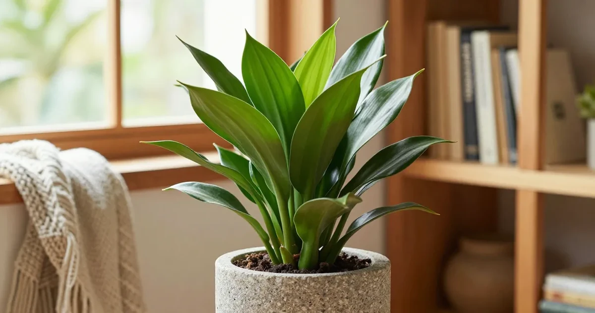 ZZ plant with dark glossy leaves in a bright indoor setting near a window
