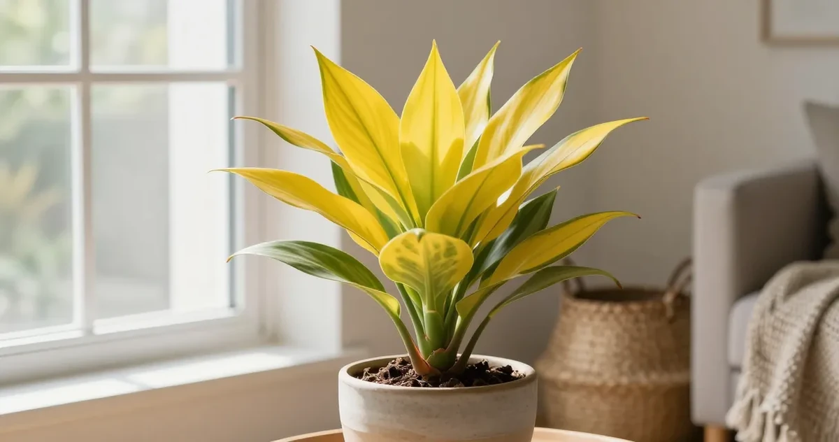 ZZ plant with yellow leaves on a wooden shelf