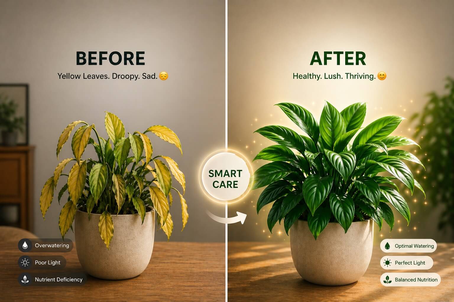 KnowYourPlant의 식물 관리 안내를 적용하기 전과 후 비교
